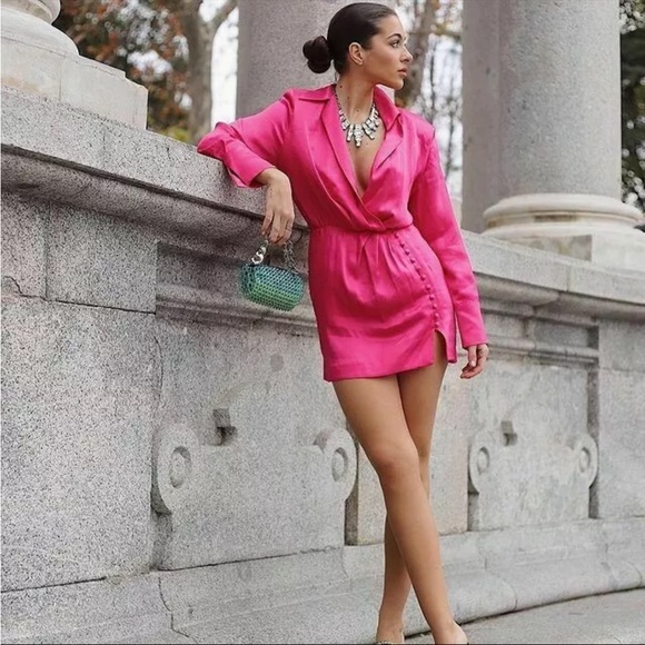Zara hot pink satin effect button down long sleeve mini dress L - Picture 2 of 14
